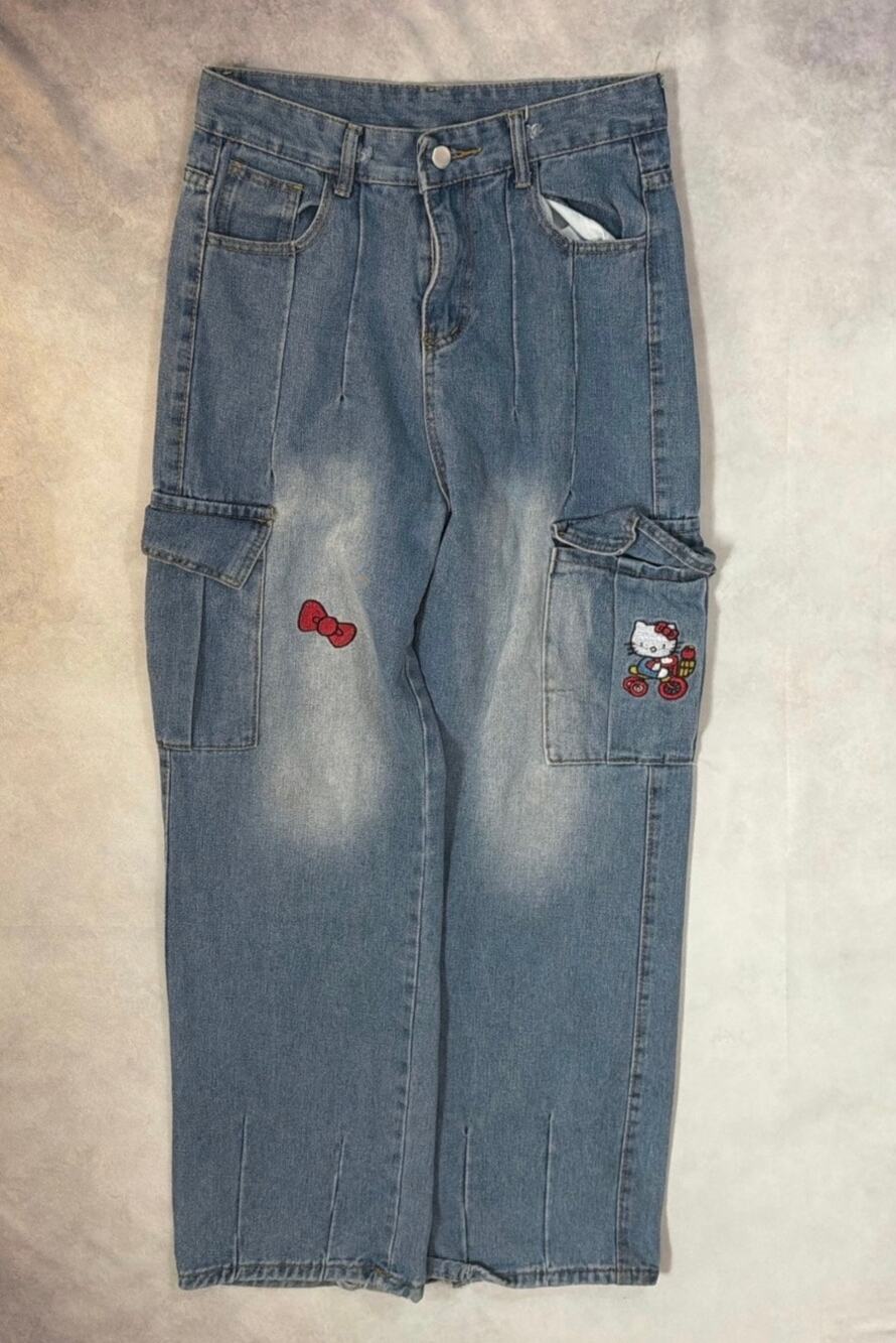 Sanrio Hello Kitty Embroidered High Rise Cargo Jeans Womens Small Wide Leg Y2K
